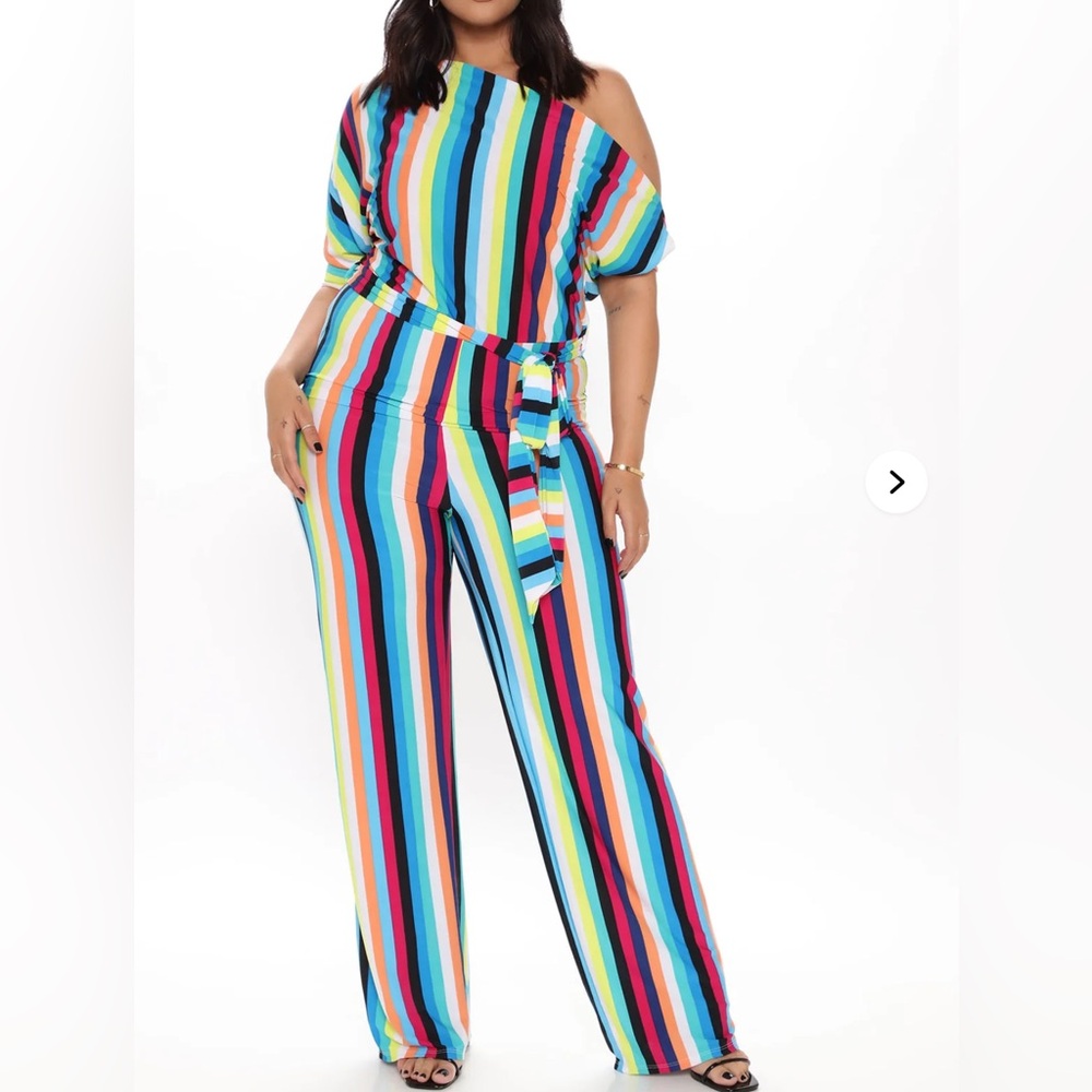 Fashion Nova Red and Blue Jumpsuit with Bold Stripes